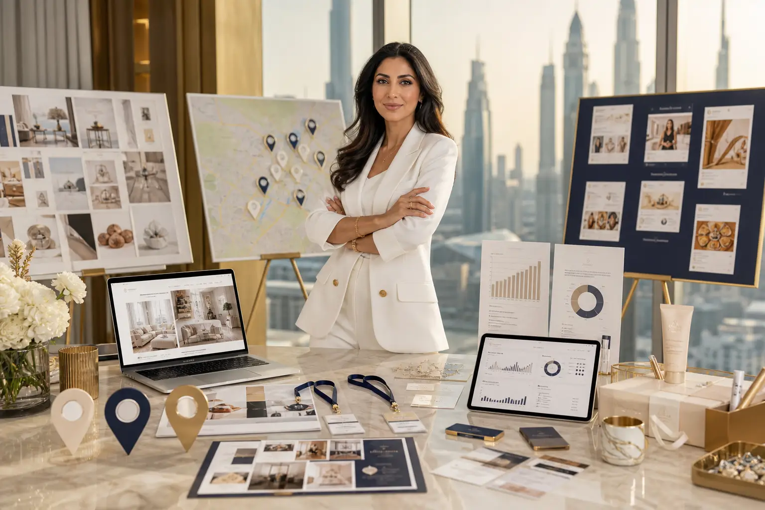 Create a polished editorial-style image of a confident woman entrepreneur in a premium UAE business setting, standing in a modern Dubai office with subtle views of skyscrapers and warm desert-gold light, surrounded by visual symbols of strategic growth: a branded website mockup on a laptop, social media content planning boards, Google Maps-style location markers, networking event badges, ad campaign dashboards, SEO analytics charts, and elegant product or service branding materials. Convey professionalism, visibility, trust, and long-term growth through a sophisticated luxury aesthetic, clean composition, and modern color palette of gold, white, navy, and soft beige. Include diverse business details suggesting boutique, wellness, beauty, consulting, restaurant, tech, and creative industries, but keep the scene cohesive and aspirational. High-end commercial photography, sharp focus, natural light, refined styling, no text, no logos, no watermarks.